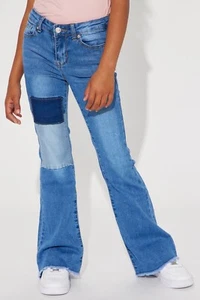 NWT 1st KISS Girls Size 8 Flare Denim Colorblock Patch Jeans - BlueWash - Picture 1 of 3