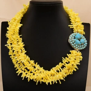 18'' 5 Rows Freedom Irregular Yellow Coral Chips Branch Necklace Turquoise Clasp - Picture 1 of 8