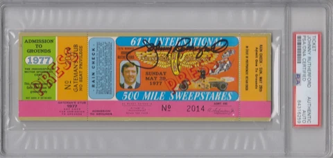 1977 INDIANAPOLIS 500 Mile Race Full TICKET JOHNNY RUTHERFORD SIGNED PSA/DNA Cover