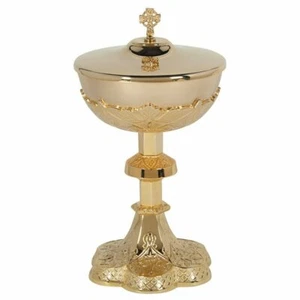 Embossed Vine Patterned Gold Plate Ornate Ciborium With Cross Cover Set, 11 In - Picture 1 of 1