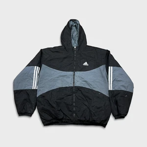 Chaqueta cortavientos vintage Adidas para hombre grande negra esencial a rayas cremallera completa años 90 - Imagen 1 de 11