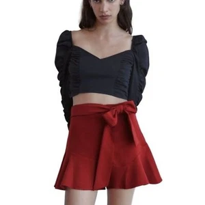 Zara Red Pleated Draped High Waist Mini Skirt Bold Elegant Flowy L - Picture 1 of 8