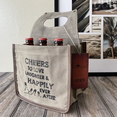 Upcycled Canvas Beer Carrier Caddy Tote with Leather Trim – 6 Bottle Holder Bag - Image 1 of 4