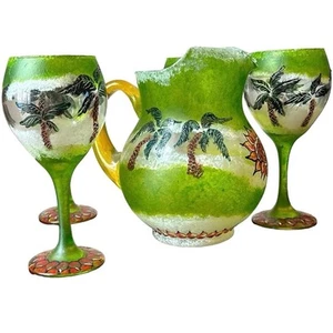 Tropical Handpainted Hand Blown Glass Pitcher +4 Long Stem Wine Glasses -SIGNED - Picture 1 of 18