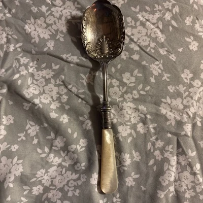 Art Nouveau ~ Sterling Silver Band ~  Serving Spoon  ~ Mother Of Pearl Handle  - Image 1 of 4