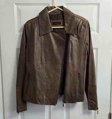 Chaqueta forrada con solapa de cuero marrón Context para mujer talla 12 Foto 1 de 4