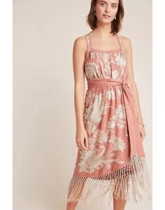 NEW Anthropologie Lucille Sleeveless Dress Womens 6 Pink Fringe Embroidered $260 - Picture 1 of 12