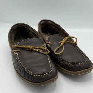 LL Bean Moccasin Slippers Mens 11 Flannel Lined Brown Leather 212164 Preowned - Picture 1 of 11