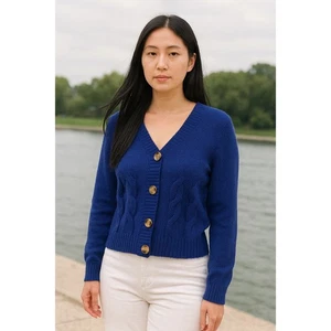 Baumwolle Emporium Zopfmuster Cardigan Pullover Damen große V-Ausschnitt Knöpfe marine - Bild 1 von 8