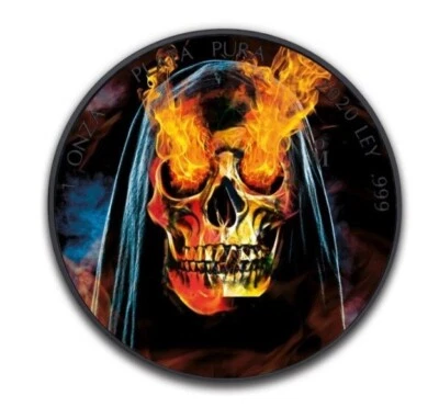 COIN - SANTA MUERTE : BURNING EYES 1 Oz Silver & Ruthenium Plated Mexico 2020 - Immagine 1 di 3