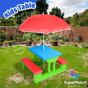 Multi-Colour Kids Picnic Table w/Umbrella Set Outdoor Indoor Bench Chair - Picture 1 of 11
