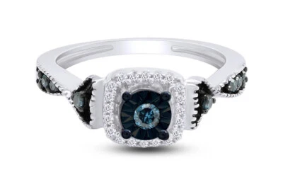 Anillo de compromiso de diamantes reales azules y blancos de 1/4 quilate enchapado en Dios blanco de 14 k de ley Foto 1 de 4
