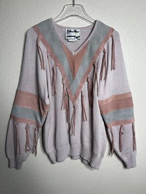 Suéter vintage para mujer Pioneer Wear gamuza pastel flecos talla occidental pequeña Foto 1 de 4