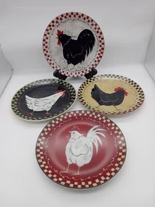 Set of 4 Square One Rooster Chicken Red Salad Luncheon Plates Elaine Thompson 9" - Picture 1 of 8