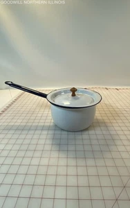 Vintage Blue/White Enamel Sauce Pan With Lid Primitive - 8" Diameter - Picture 1 of 4