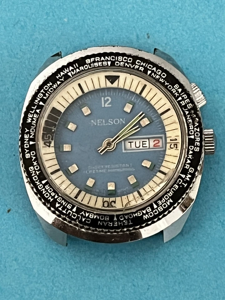 Lord Nelson World Time Day Date Blue Dial 40mm Vintage Watch Original 4 repair - Image 1 of 4