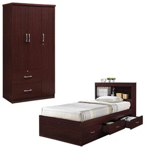Home Square 2 Piece Set with Captain Bed and 3 Door Armoire in Mahogany Wood - Picture 1 of 16