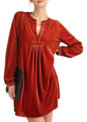 Vestido túnica de terciopelo suave manga larga caballete para mujer, abertura lateral, bolsillos-bronce, M Foto 1 de 4