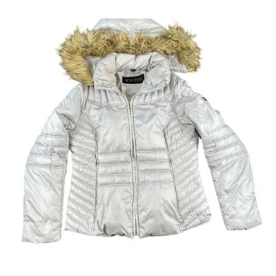 GUESS Los Angeles Silver Puffer Jacket Faux Fur Hood Winter Coat L/G - Image 1 of 4