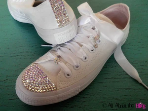 CONVERSE ALL STAR White with CUSTOMIZED  SWAROVSKI crystals AB iridescent BRIDE - Picture 1 of 3