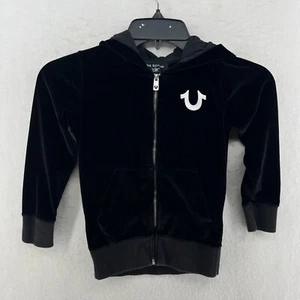 True Religion Hoodie Girl XS 4-5 Black Velour Zip Up Logo World Tour Graphic - Picture 1 of 10