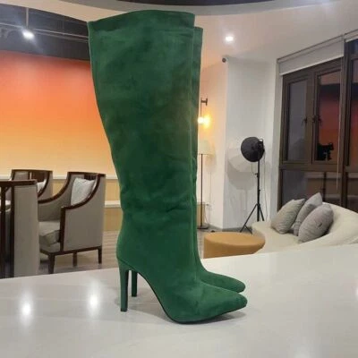 Stivali al ginocchio invernali donna pelle scamosciata punta alta tacco a spillo scarpe - Immagine 1 di 4