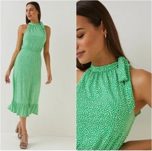 * BNWT ET VOUS Green Spot Halter Midi Dress Holiday Cruise Party (ST307)