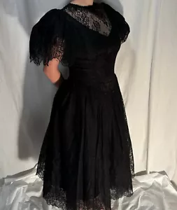 Vintage Sz 14 1980s Jessica McClintock Lolita Trad Goth Black Lace Formal Dress - Picture 1 of 7