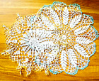 2 Vintage Lace Doilies Round 15in Turquoise Yellow Edge 15" 17" HM Lot
