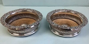 Wine Bottle Coasters (2) Silver Plated Repousse Unsigned 6 1/8” Diameter - Picture 1 of 7