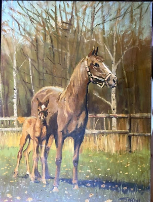 Картина маслом кобыла с жеребенком неразборчиво подписанная пара лошадей антикварные верховые животные - Изображение 1 из 4