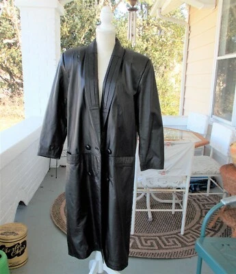 Hermosa gabardina larga de cuero genuino negra vintage identidad global talla M Foto 1 de 4