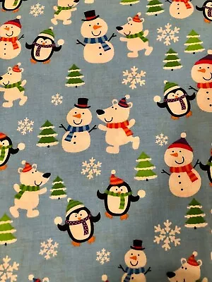 Christmas Friends - Snowman Christmas Trees, Dogs - Cotton Fabric on Blue 1/2 yd - Image 1 of 3