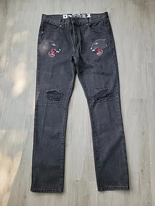 Black Panther Rocksmith Jeans Men's 38x32 Embroidered Black Denim Japan Distress - Picture 1 of 8