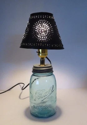 Vintage Primitive Blue Ball Mason Jar Lamp / Night Light with Punched Tin Shade - Image 1 of 4