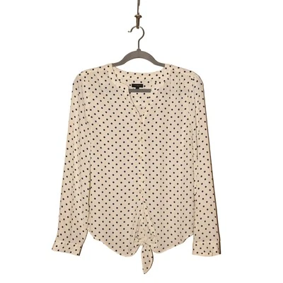 TALBOTS $80 White Navy Polka Dot V-Neck Button Down Blouse Tie Bottom Small - Image 1 of 4