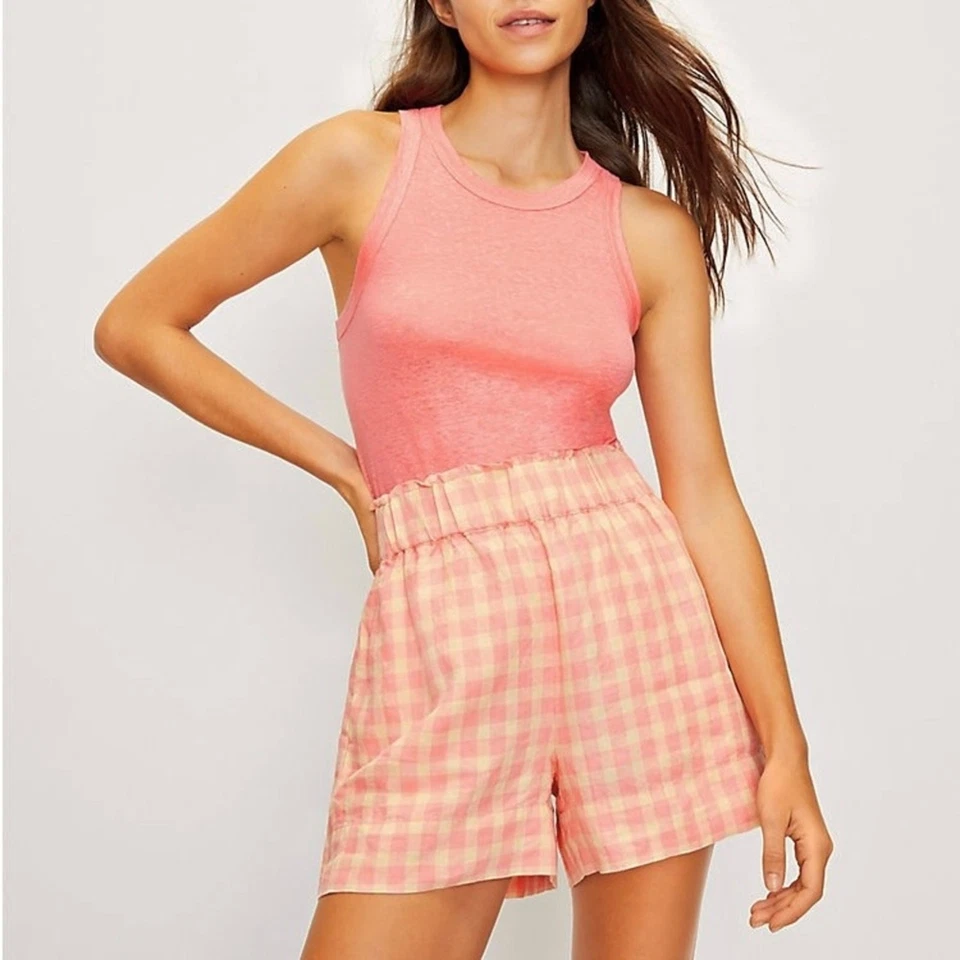 Pantalones cortos Lou & Grey Gingham rosa/beige 100% lino tiro alto talla pequeña Foto 1 de 4