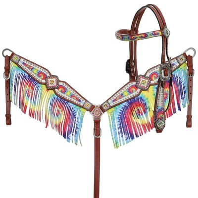 Showman Rainbow Tie Dye Headstall & Breast Collar Set w/ Fringe - Image 1 of 3