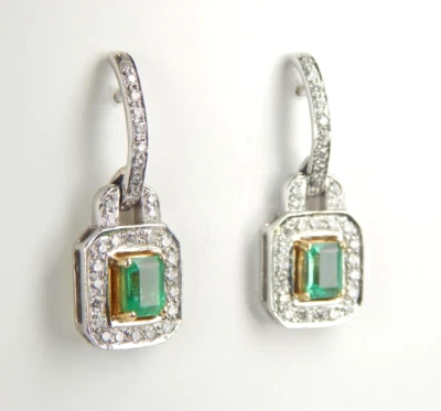 Pendientes colombianos de esmeralda fina 1,60/D. 0,60 quilates oro amarillo y platino de 18 quilates Foto 1 de 4