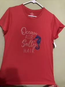 Red M Summer Cruise NEW! Tee Shirt Women’s Seahorse Ocean Air Rhinestone Cotton - Picture 1 of 6