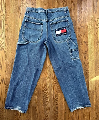 Antigo Tommy Hilfiger Jeans Masculino 40 Baggy Y2K Cachimbo de Skatista Logotipo Bandeira de Skate Carpinteiro - Imagem 1 de 4