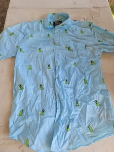 Rugrats Raptor Dino Hawaiian Button Up Shirt Aqua Size Large - Picture 1 of 4
