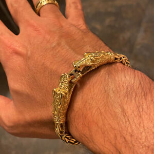 Fine Jewelry 18 Kt Hallmark Real Solid Yellow Gold Dragon Chain Men'S Bracelet