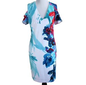 Joseph Ribhoff Cold Shoulder Dress Womens Sz 10 Multi Color V Neck Sheath - Picture 1 of 7