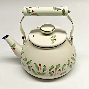 Olla de té vintage de vacaciones de Navidad esmaltada de metal caldera decoración de acebo usada - Imagen 1 de 8