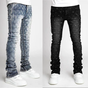 Pantalones de mezclilla de pierna recta ajustados elásticos perlados de moda con diseño en capas para hombre - Imagen 1 de 8