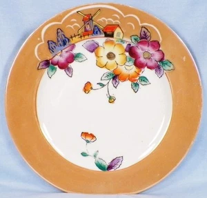 5 Windmill & Flowers Peach Luster Dessert Plates Hirode Japan Colorful Porcelain - Picture 1 of 4