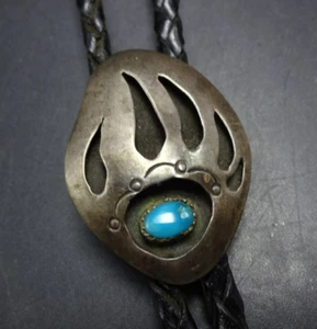 Vintage BOLO TIE Sterling Silver BEAR PAW Shadowbox TURQUOISE Black Leather Cord - Picture 1 of 10