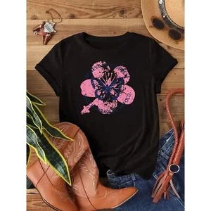 Women's Flower and Butterfly Printed T-shirt, Comfortable Short Sleeved - Picture 1 of 12