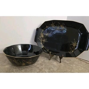 Mikasa Midnight Gold Serving Platter Bowl Black Gold Porcelain Formal Art Deco. - Picture 1 of 9